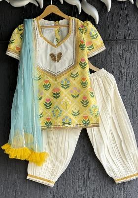 Yellow Digital Print Cotton Silk Kurta Salwar Set For Girls