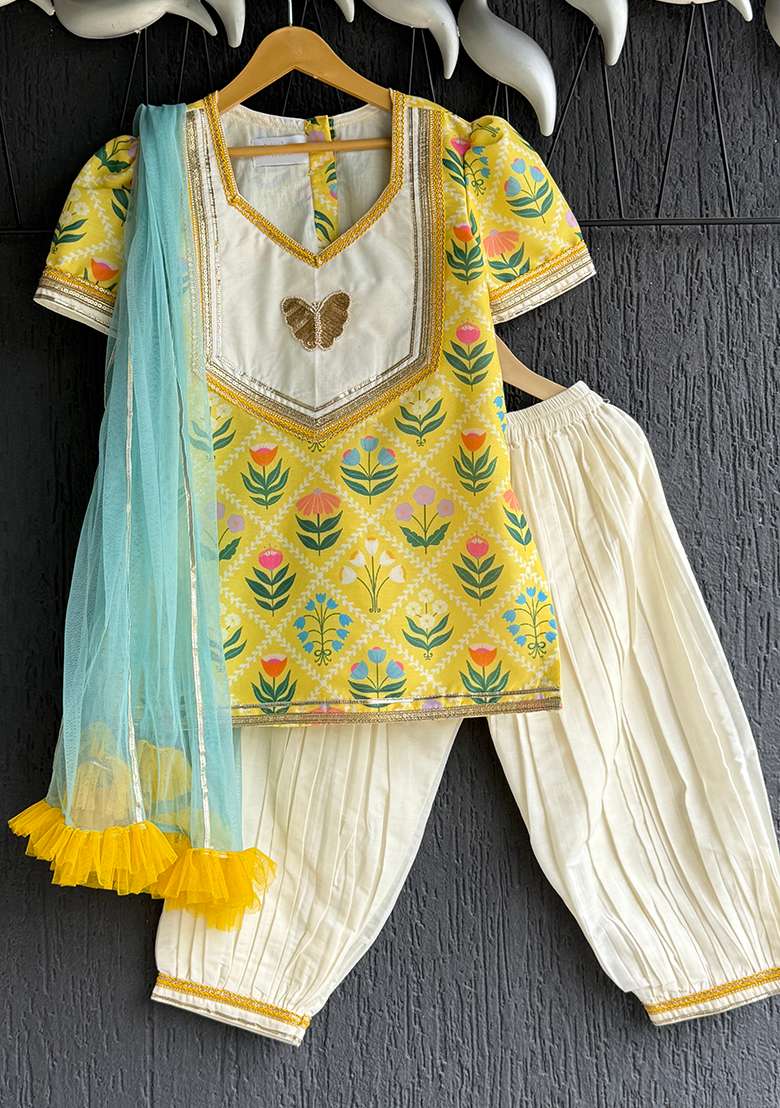 Yellow Digital Print Cotton Silk Kurta Salwar Set For Girls - Indya