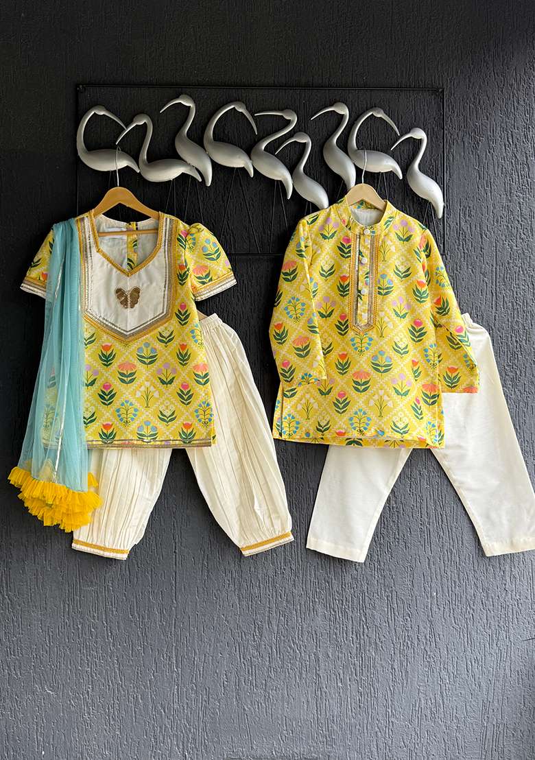 Yellow Digital Print Cotton Silk Kurta Salwar Set For Girls - Indya