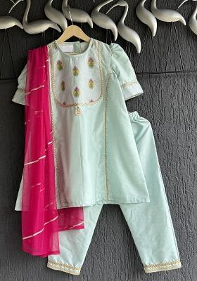 Blue Thread Embroidery Cotton Silk Kurta Set For Girls