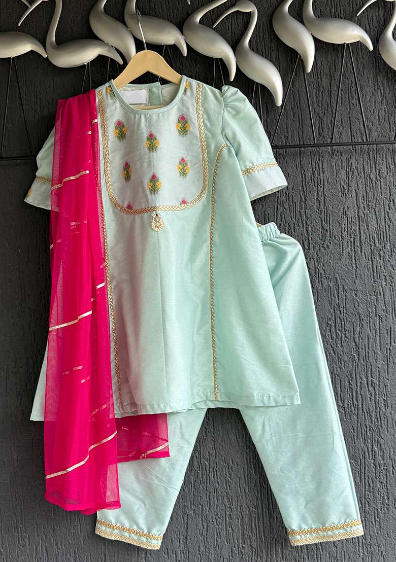 Blue Thread Embroidery Cotton Silk Kurta Set For Girls - Indya