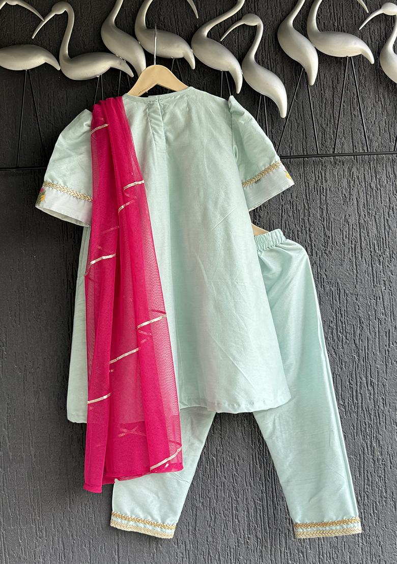 Blue Thread Embroidery Cotton Silk Kurta Set For Girls - Indya