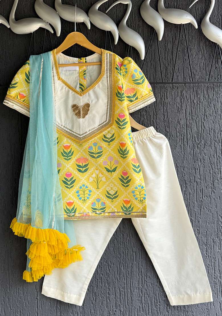 Yellow Digital Print Cotton Silk Kurta Set For Girls - Indya