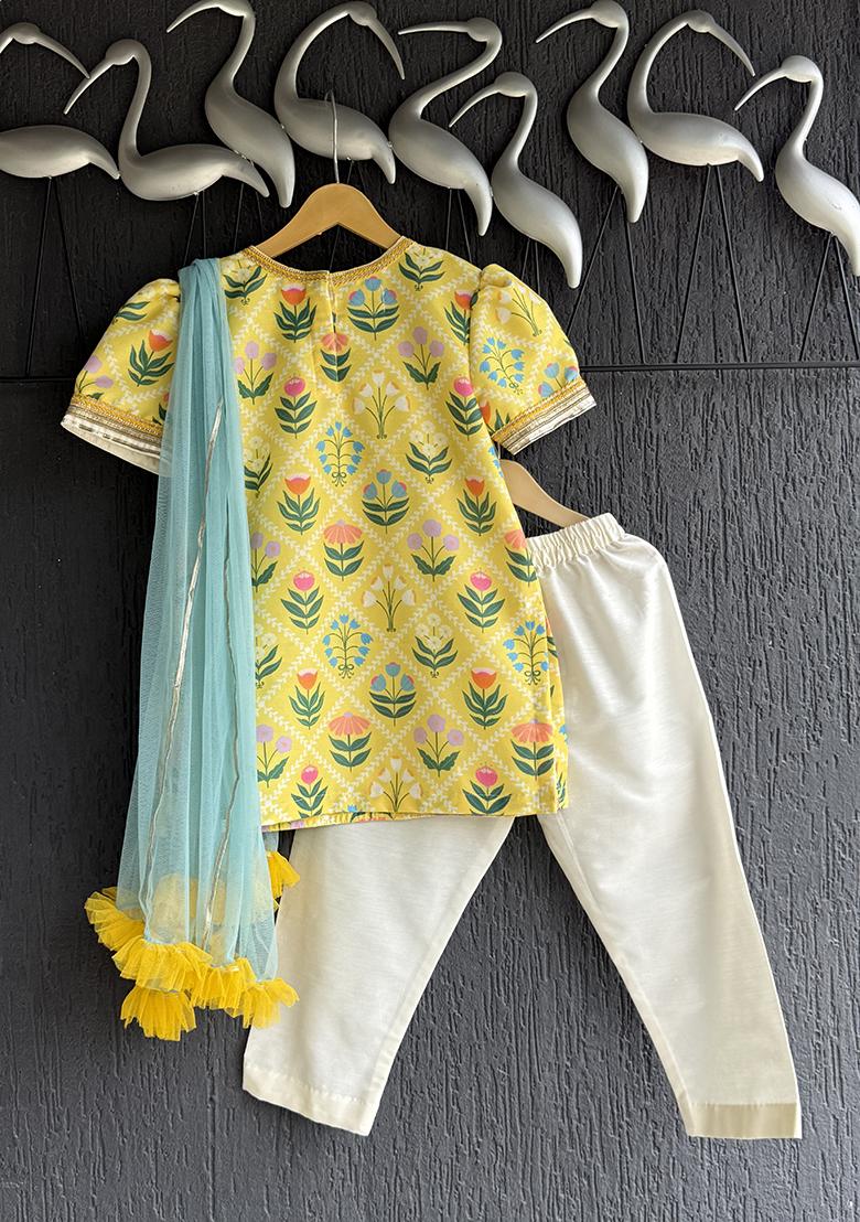 Yellow Digital Print Cotton Silk Kurta Set For Girls - Indya