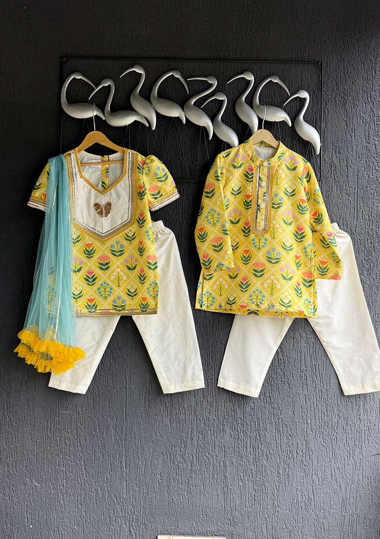 Yellow Digital Print Cotton Silk Kurta Set For Girls - Indya