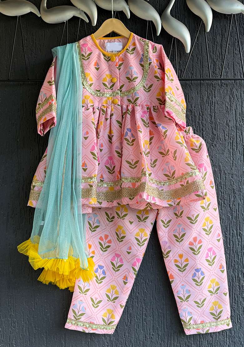 Pink Digital Print Cotton Silk Kurta Set For Girls - Indya