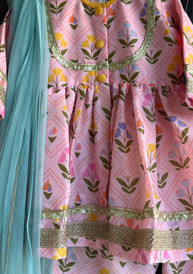Pink Digital Print Cotton Silk Kurta Set For Girls - Indya