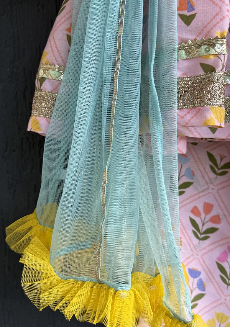 Pink Digital Print Cotton Silk Kurta Set For Girls - Indya