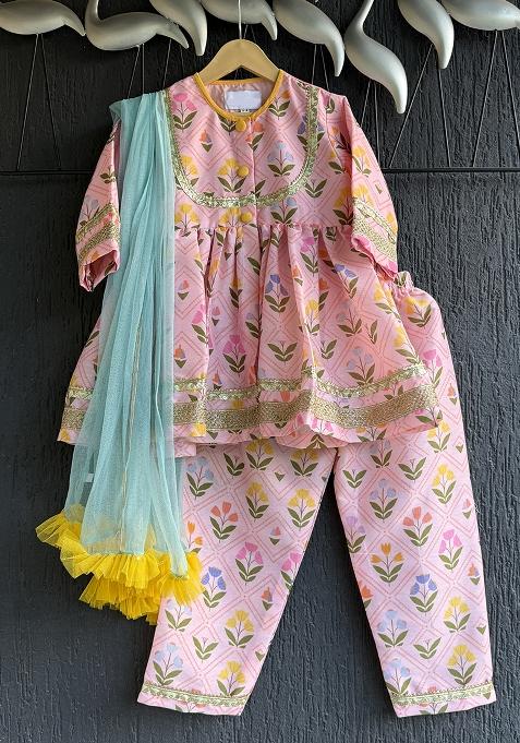 Pink Digital Print Cotton Silk Kurta Set For Girls