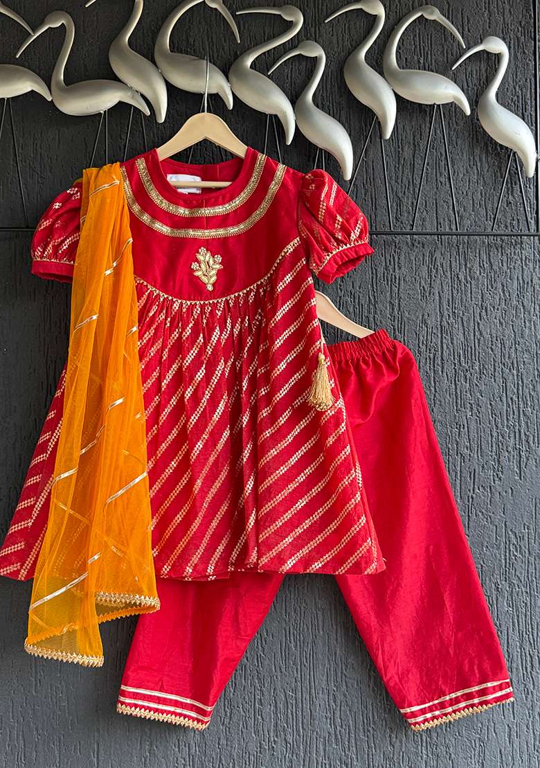 Orange Embroidery Cotton Kurta Set For Girls - Indya