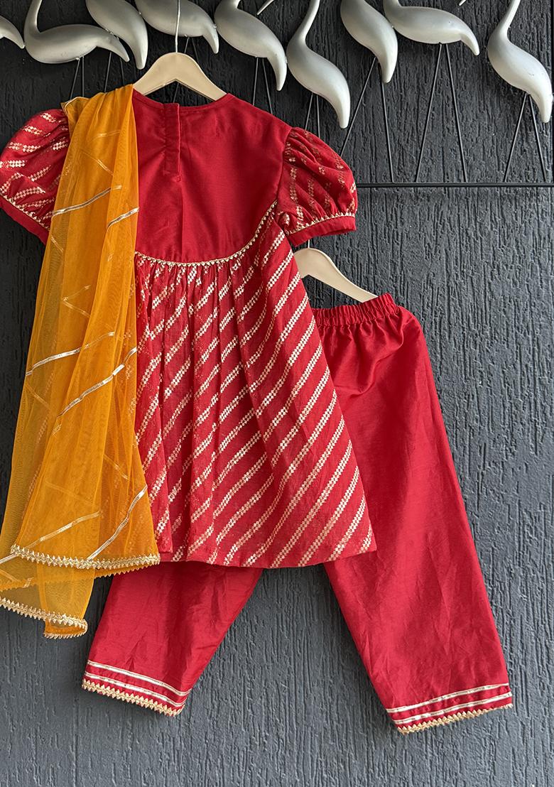Orange Embroidery Cotton Kurta Set For Girls - Indya