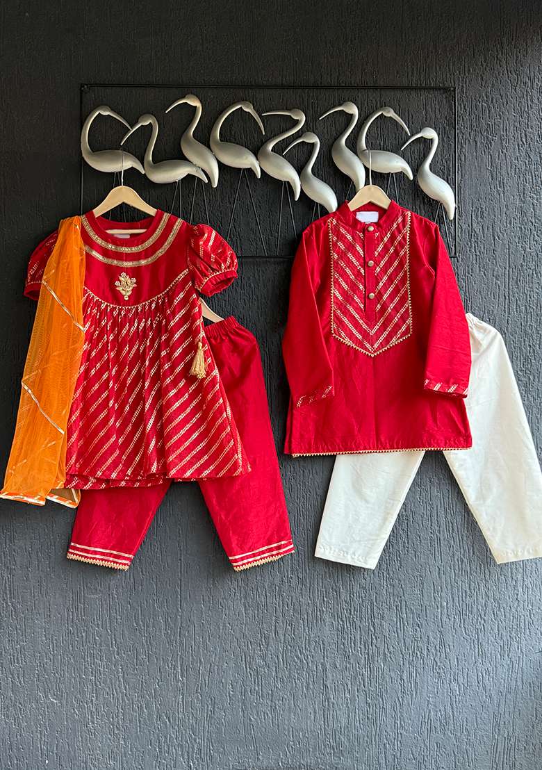 Orange Embroidery Cotton Kurta Set For Girls - Indya