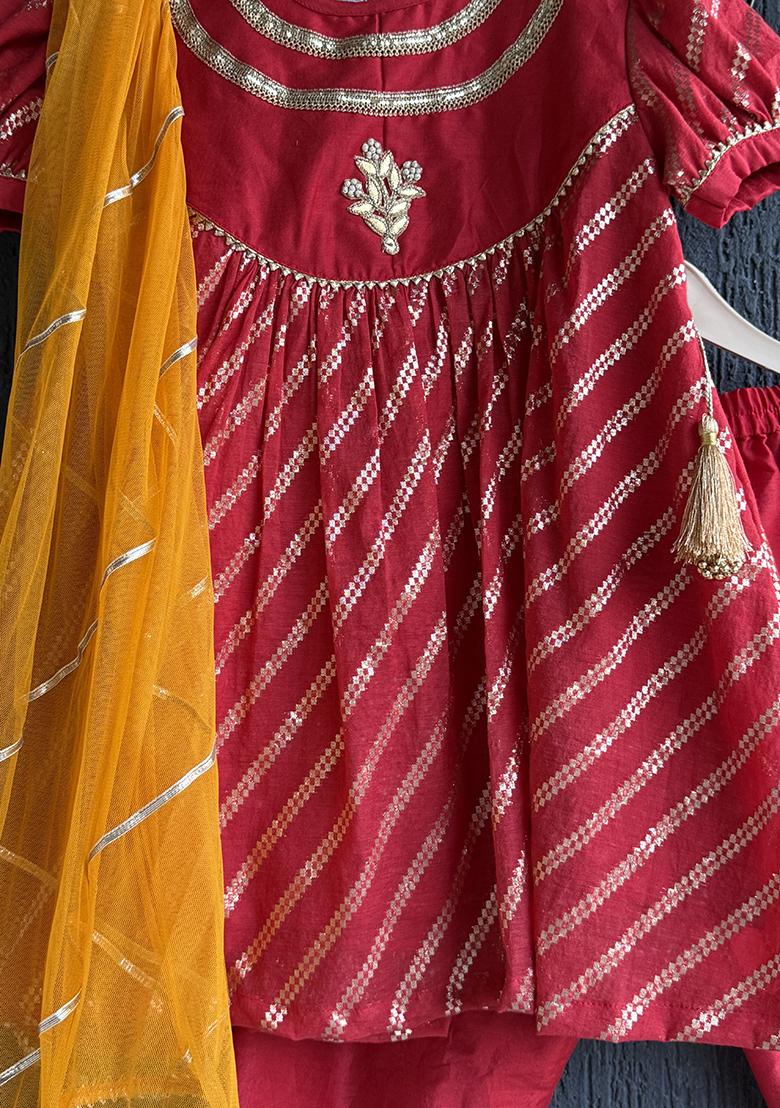 Orange Embroidery Cotton Kurta Set For Girls - Indya