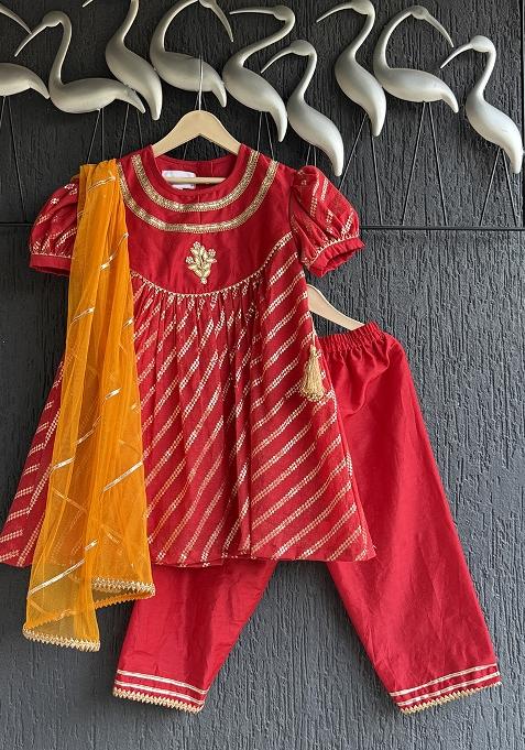 Orange Embroidery Cotton Kurta Set For Girls