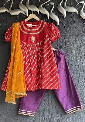 Multicolour Embroidery Cotton Kurta Set For Girls