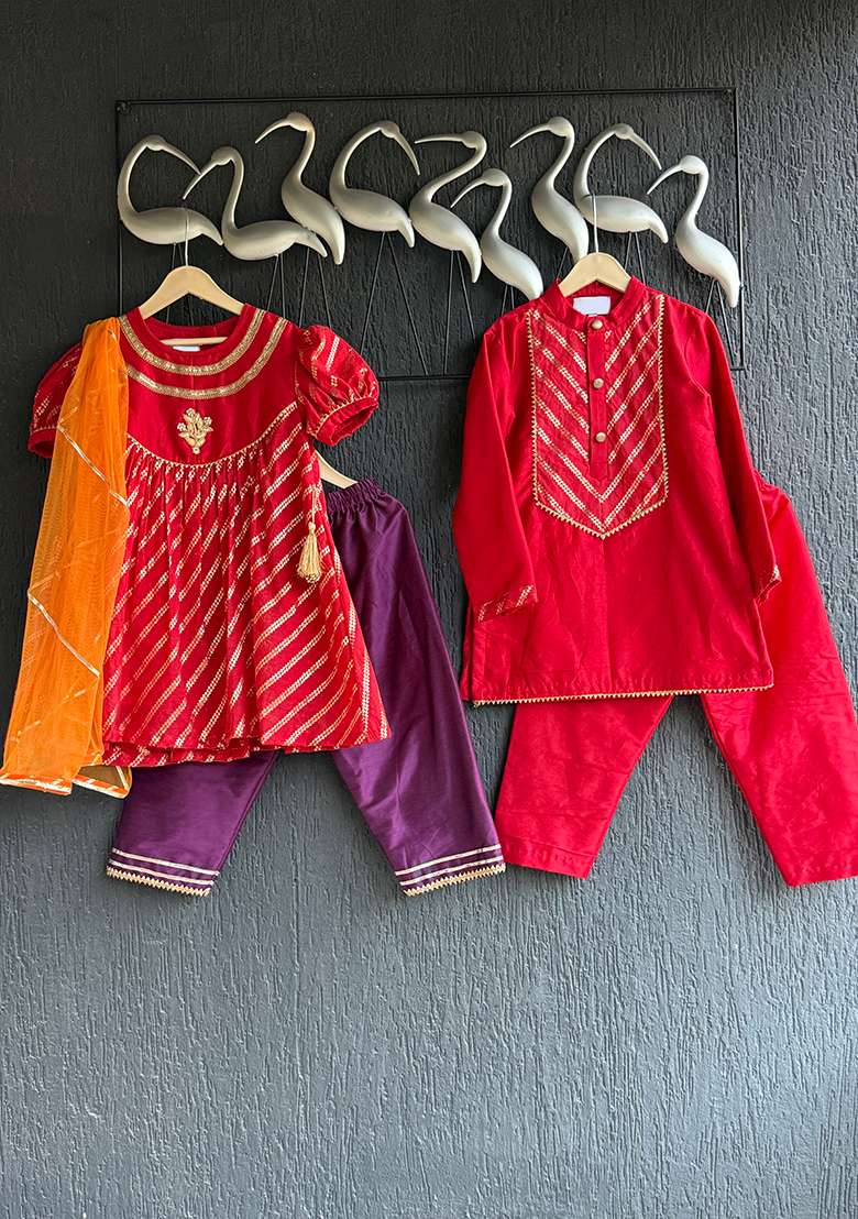 Multicolour Embroidery Cotton Kurta Set For Girls - Indya
