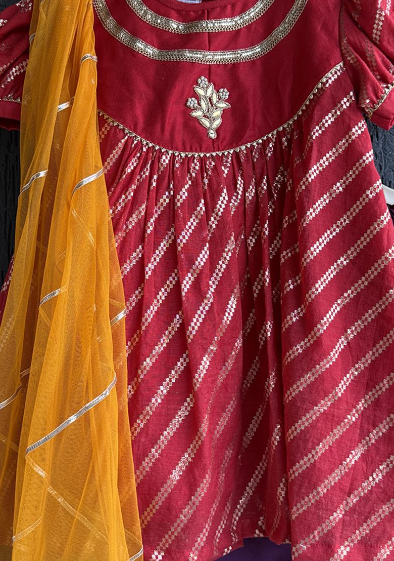 Multicolour Embroidery Cotton Kurta Set For Girls - Indya