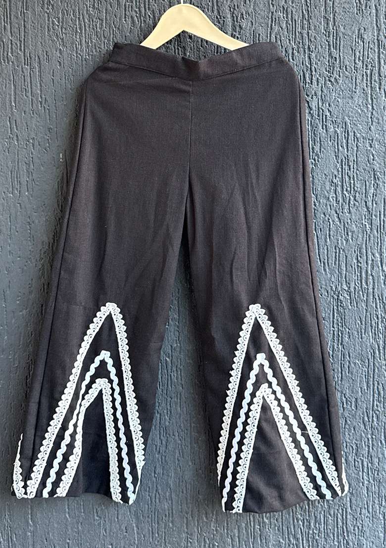Black Slub Cotton Slub Palazzo Bottoms For Girls - Indya
