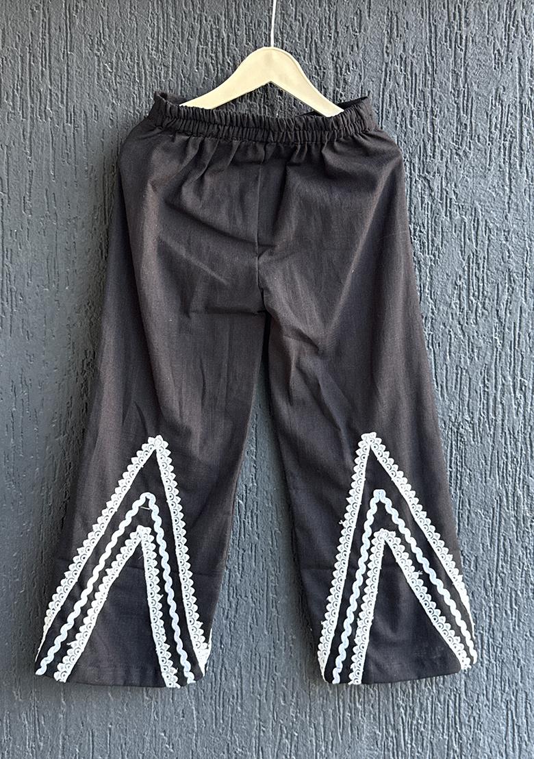 Black Slub Cotton Slub Palazzo Bottoms For Girls - Indya