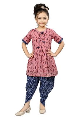 Pink Printed Cotton Kurta Set For Girls