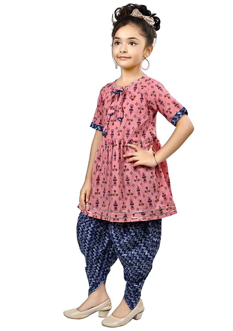 Pink Printed Cotton Kurta Set For Girls - Indya