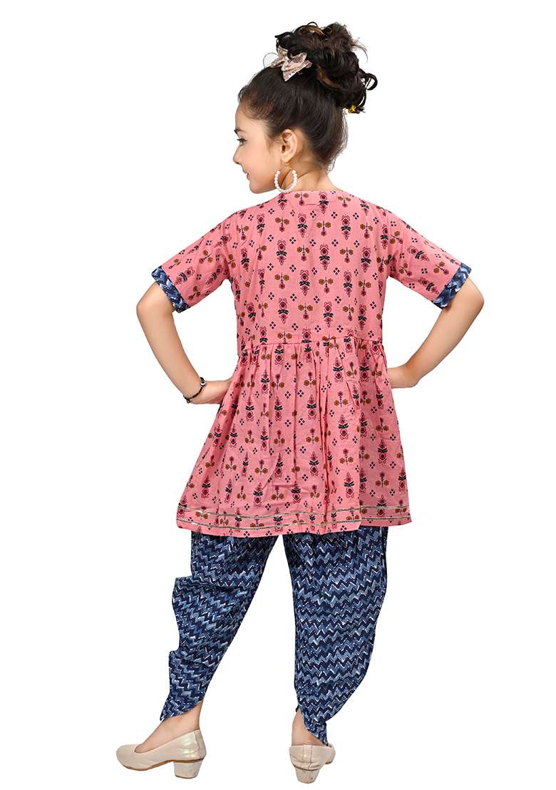 Pink Printed Cotton Kurta Set For Girls - Indya