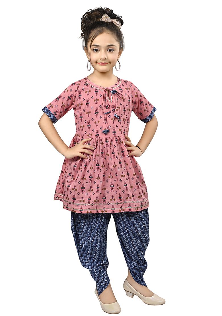 Pink Printed Cotton Kurta Set For Girls - Indya