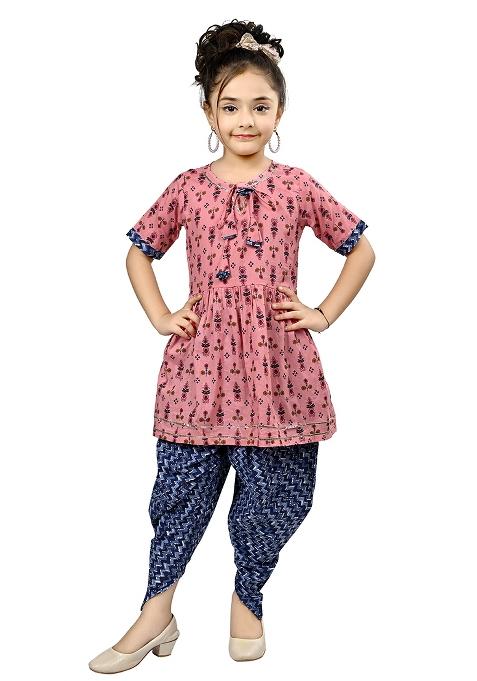 Pink Printed Cotton Kurta Set For Girls