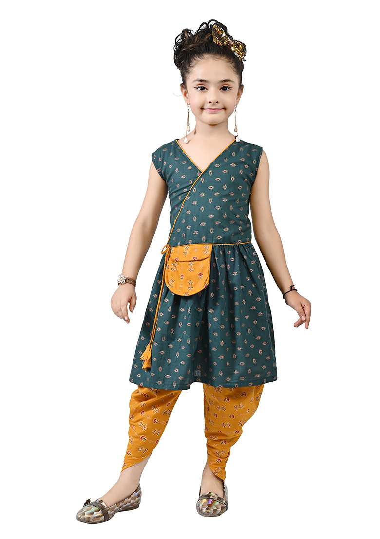 Green Printed Cotton Kurta Set For Girls - Indya