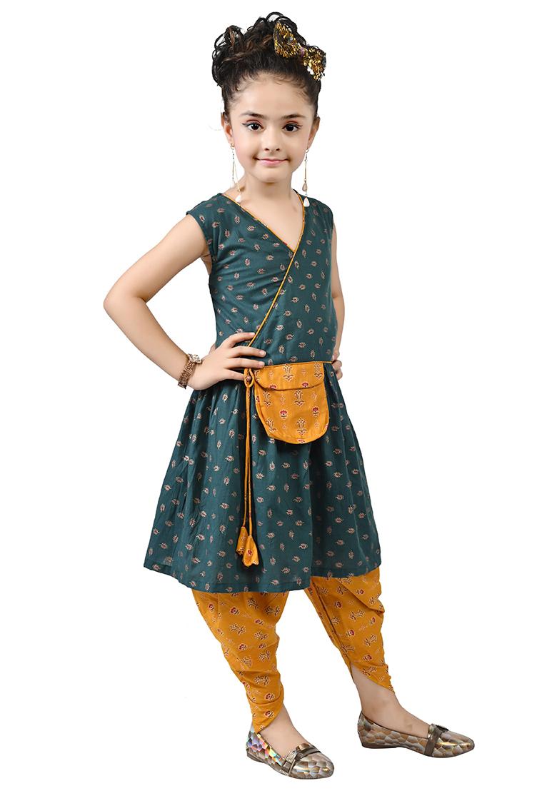 Green Printed Cotton Kurta Set For Girls - Indya