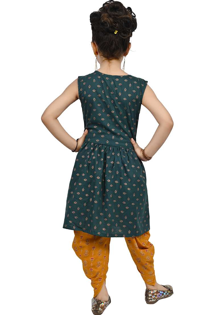 Green Printed Cotton Kurta Set For Girls - Indya