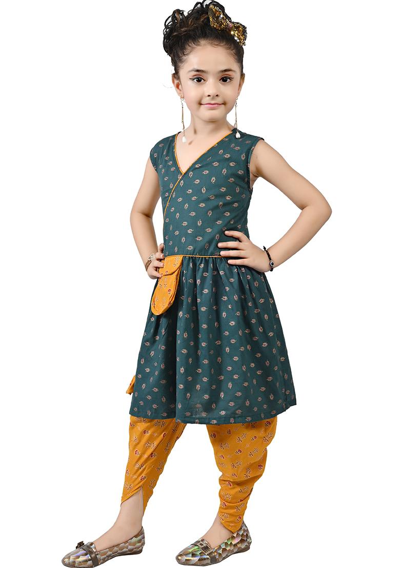 Green Printed Cotton Kurta Set For Girls - Indya