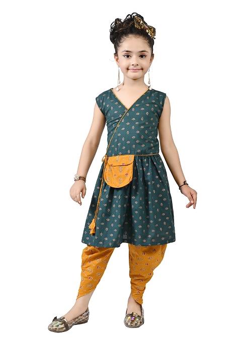 Green Printed Cotton Kurta Set For Girls