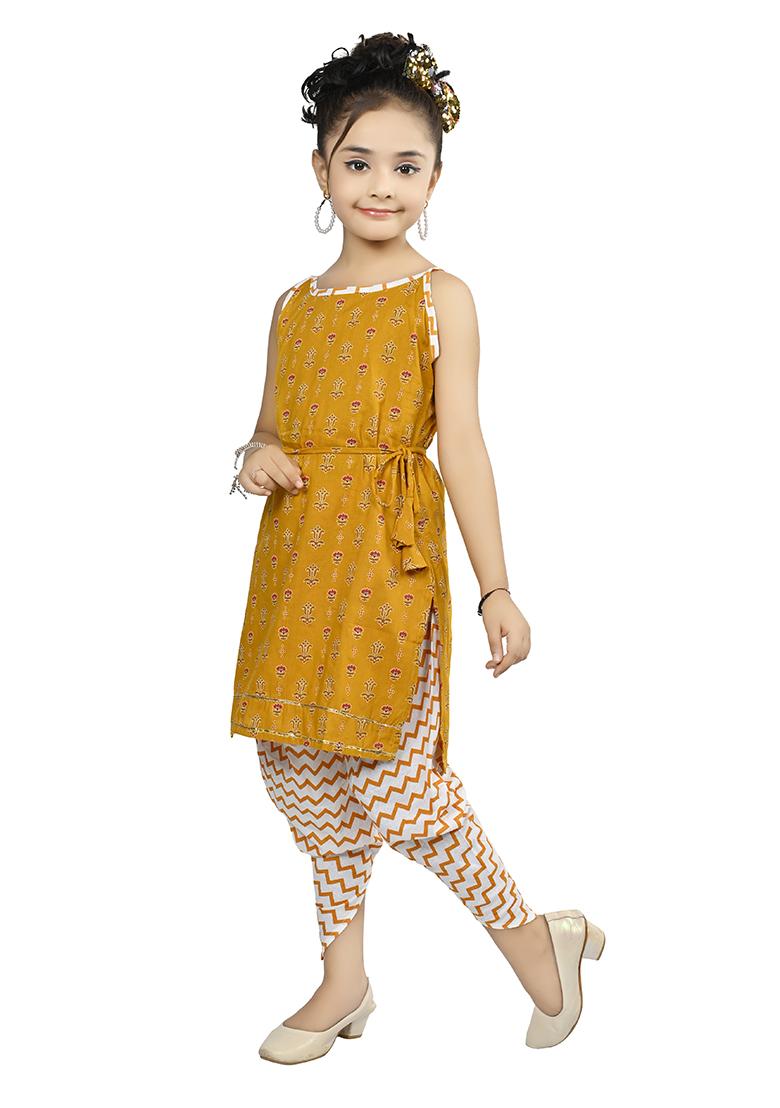 Yellow Printed Cotton Kurta Set For Girls - Indya
