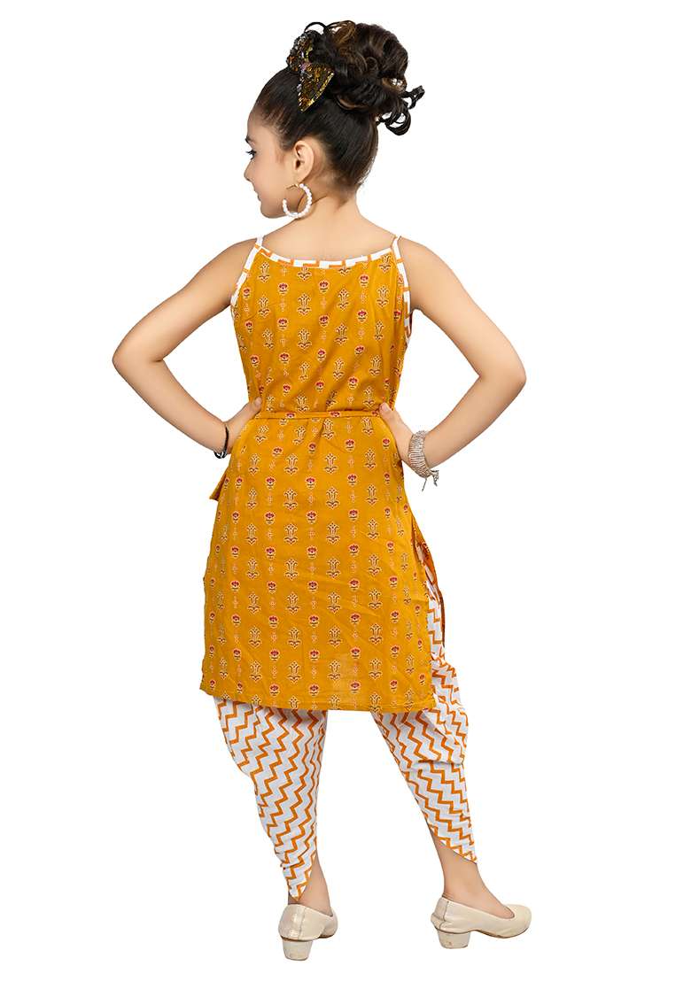 Yellow Printed Cotton Kurta Set For Girls - Indya
