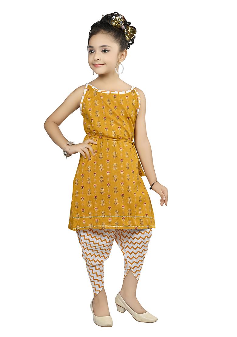Yellow Printed Cotton Kurta Set For Girls - Indya