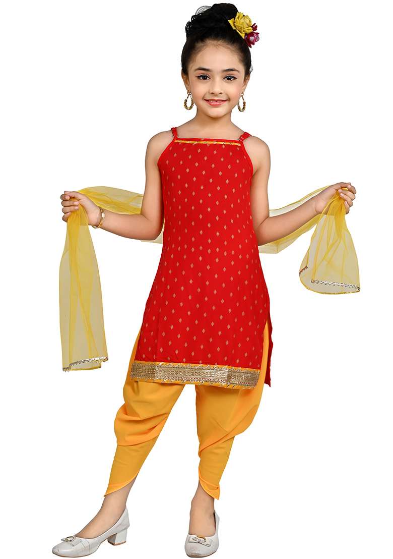 Red Printed Cotton Kurta Set For Girls - Indya