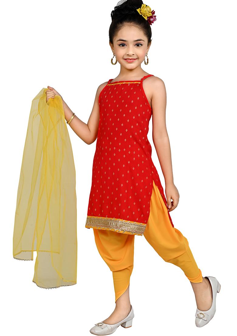 Red Printed Cotton Kurta Set For Girls - Indya