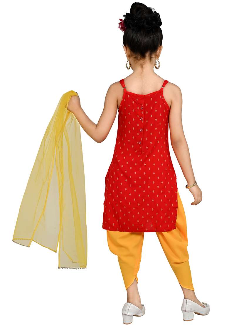 Red Printed Cotton Kurta Set For Girls - Indya
