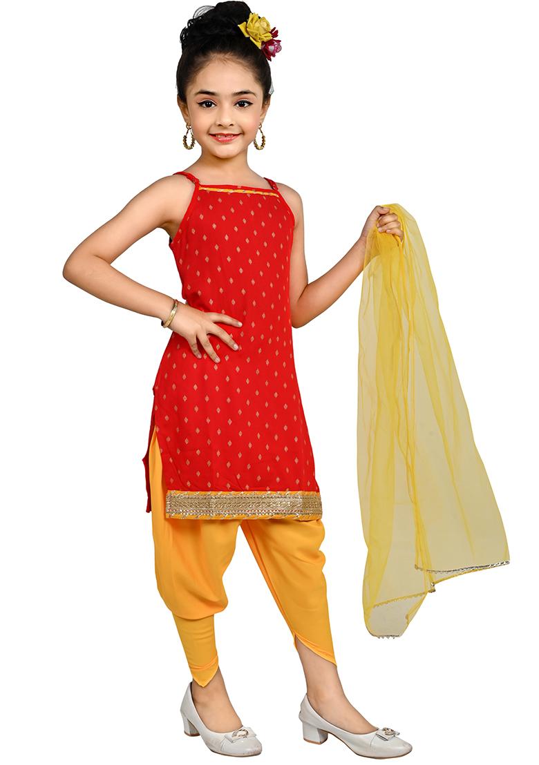 Red Printed Cotton Kurta Set For Girls - Indya