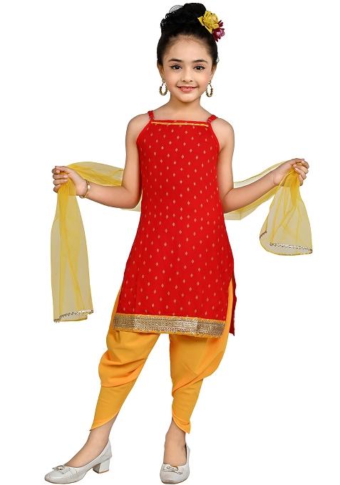 Red Printed Cotton Kurta Set For Girls