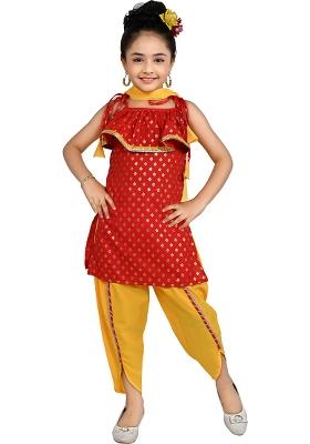 Pink Printed Cotton Kurta Set For Girls