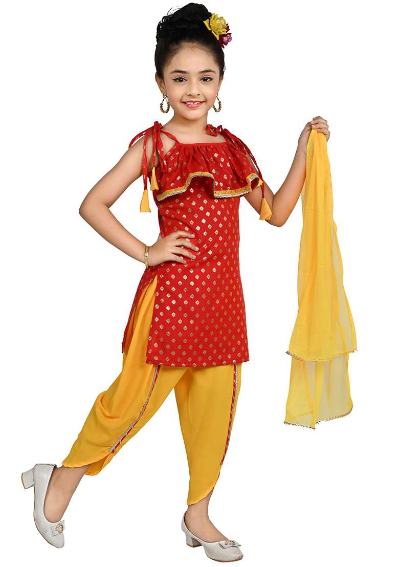 Pink Printed Cotton Kurta Set For Girls - Indya