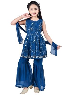 Blue Embellished Georgette Kurta Set For Girls