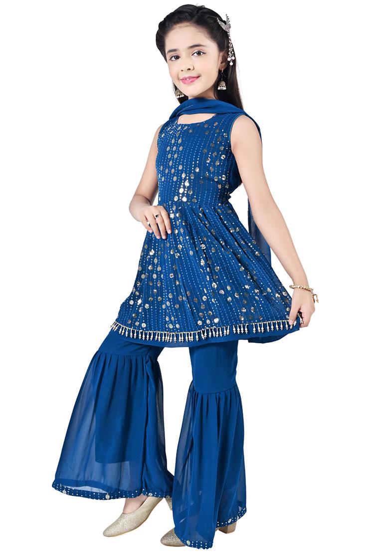 Blue Embellished Georgette Kurta Set For Girls - Indya