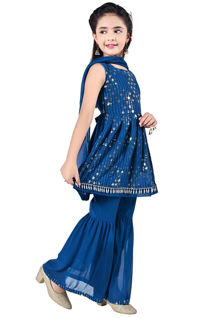 Blue Embellished Georgette Kurta Set For Girls - Indya
