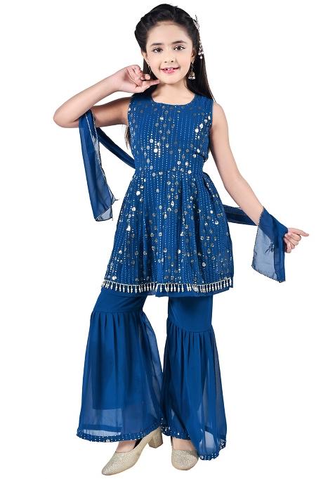 Blue Embellished Georgette Kurta Set For Girls