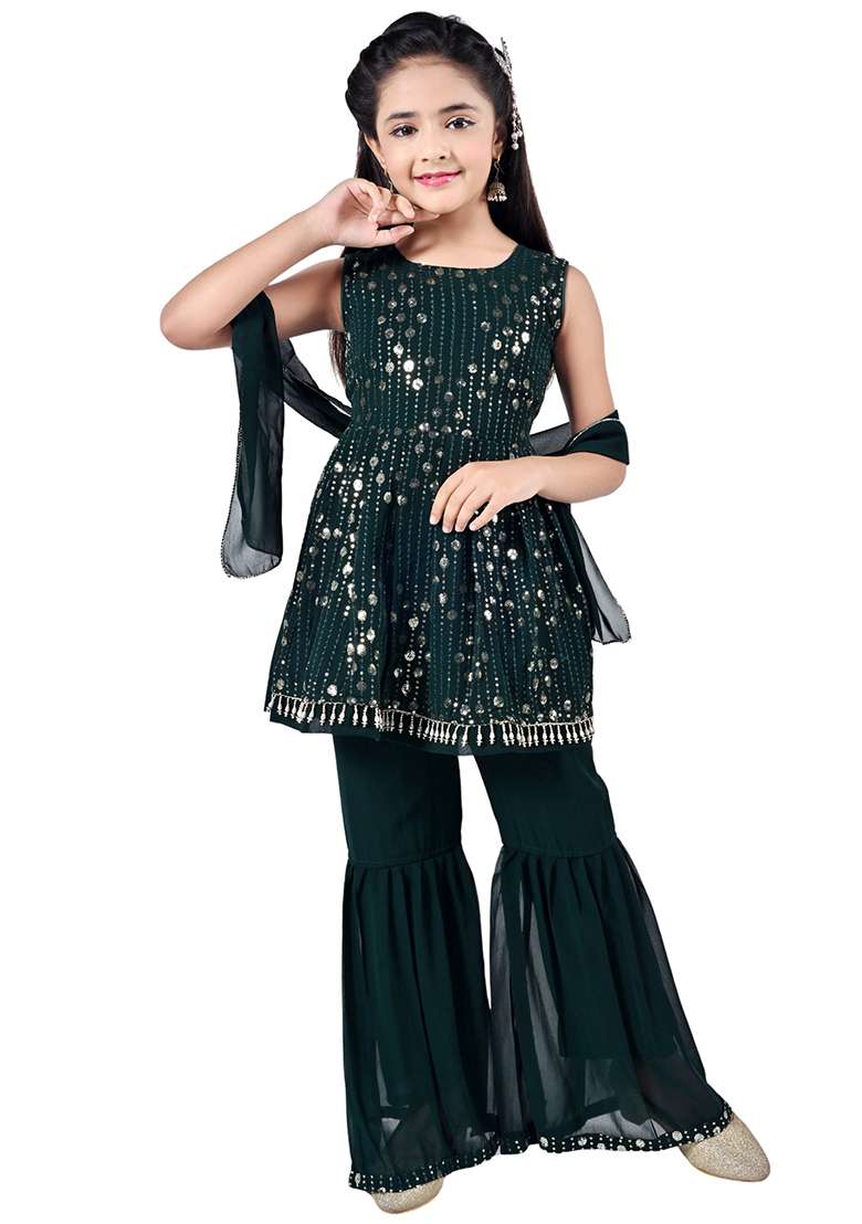 Green Embellished Georgette Kurta Set For Girls - Indya