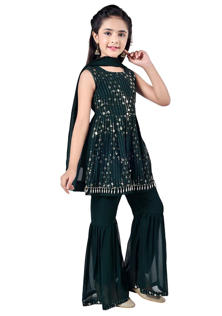 Green Embellished Georgette Kurta Set For Girls - Indya