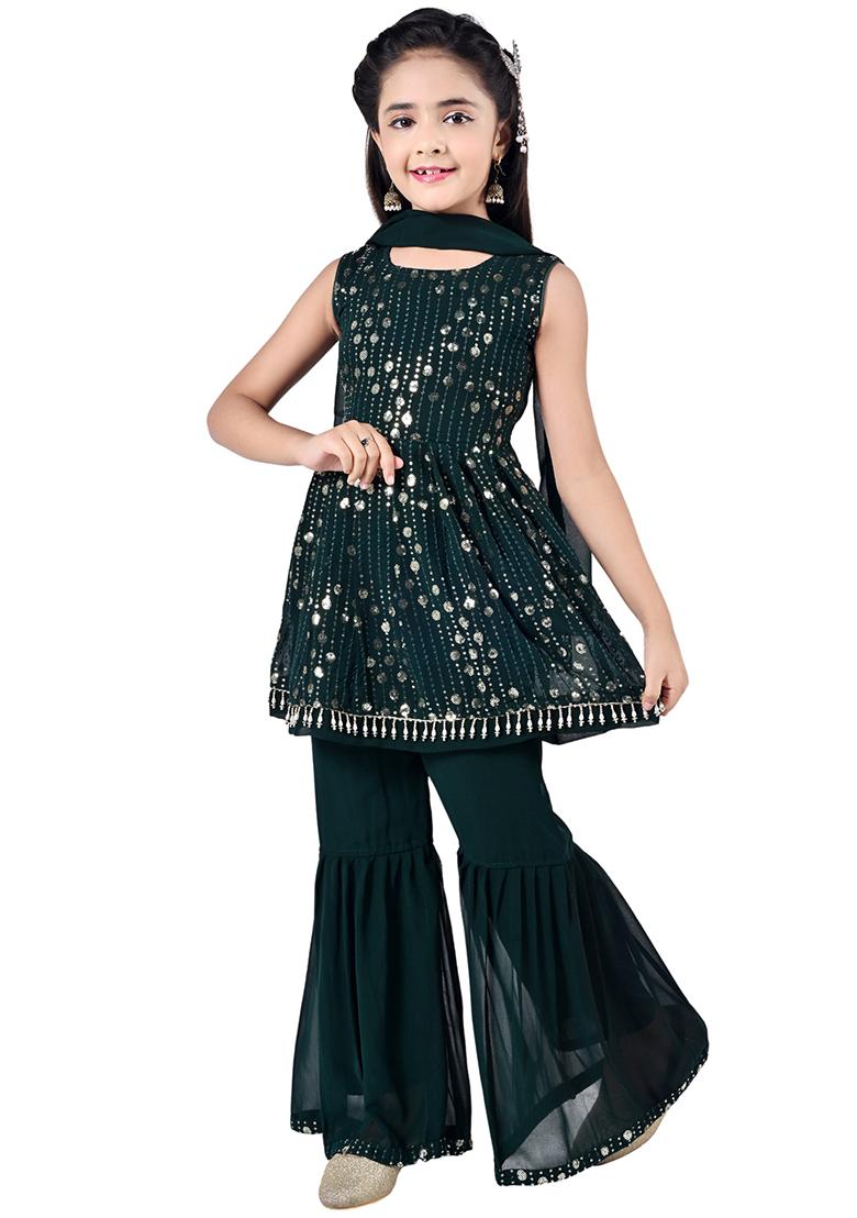 Green Embellished Georgette Kurta Set For Girls - Indya